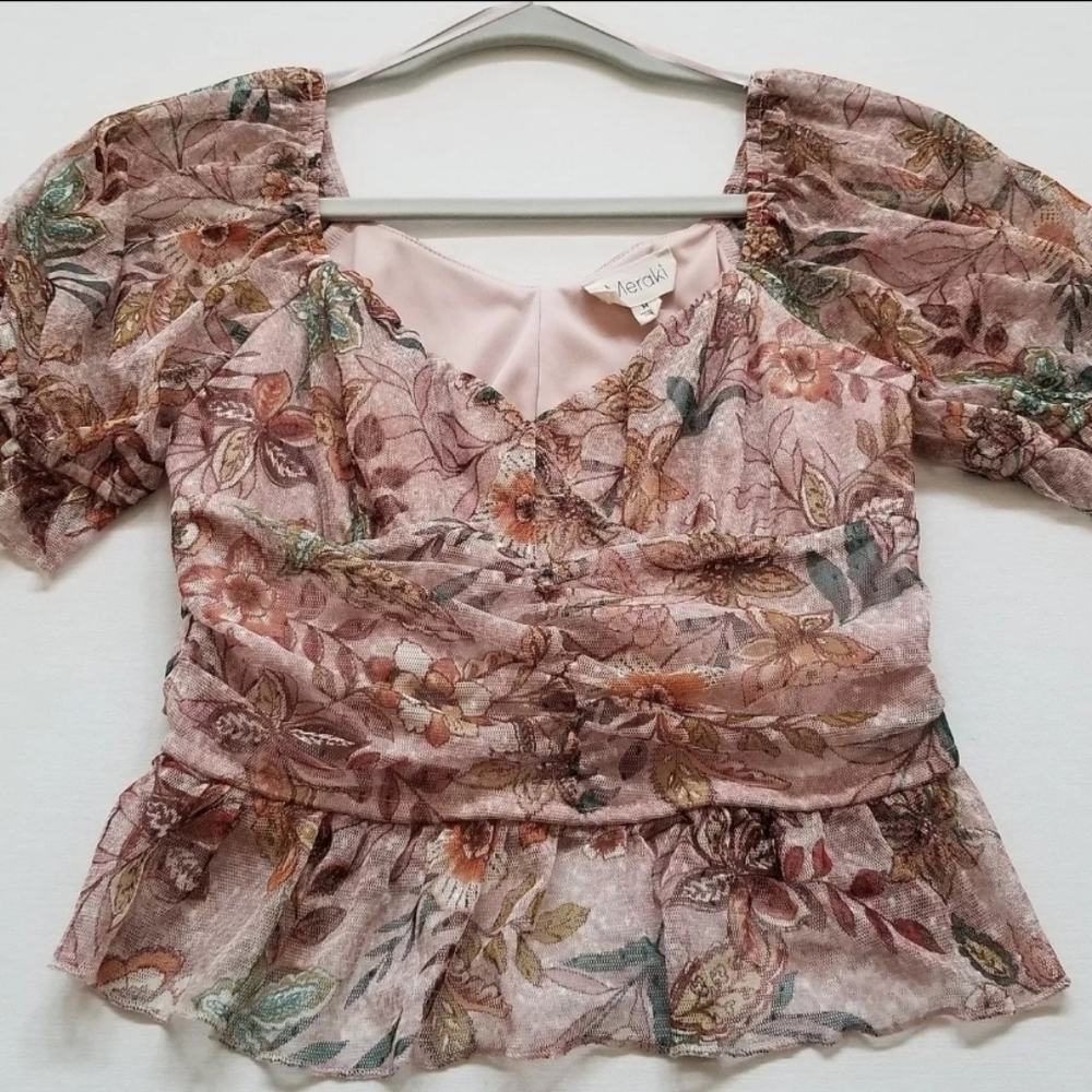 Meraki Blouse Women’s Medium M Floral Short Sleeve Sweetheart Neck Cropped Top